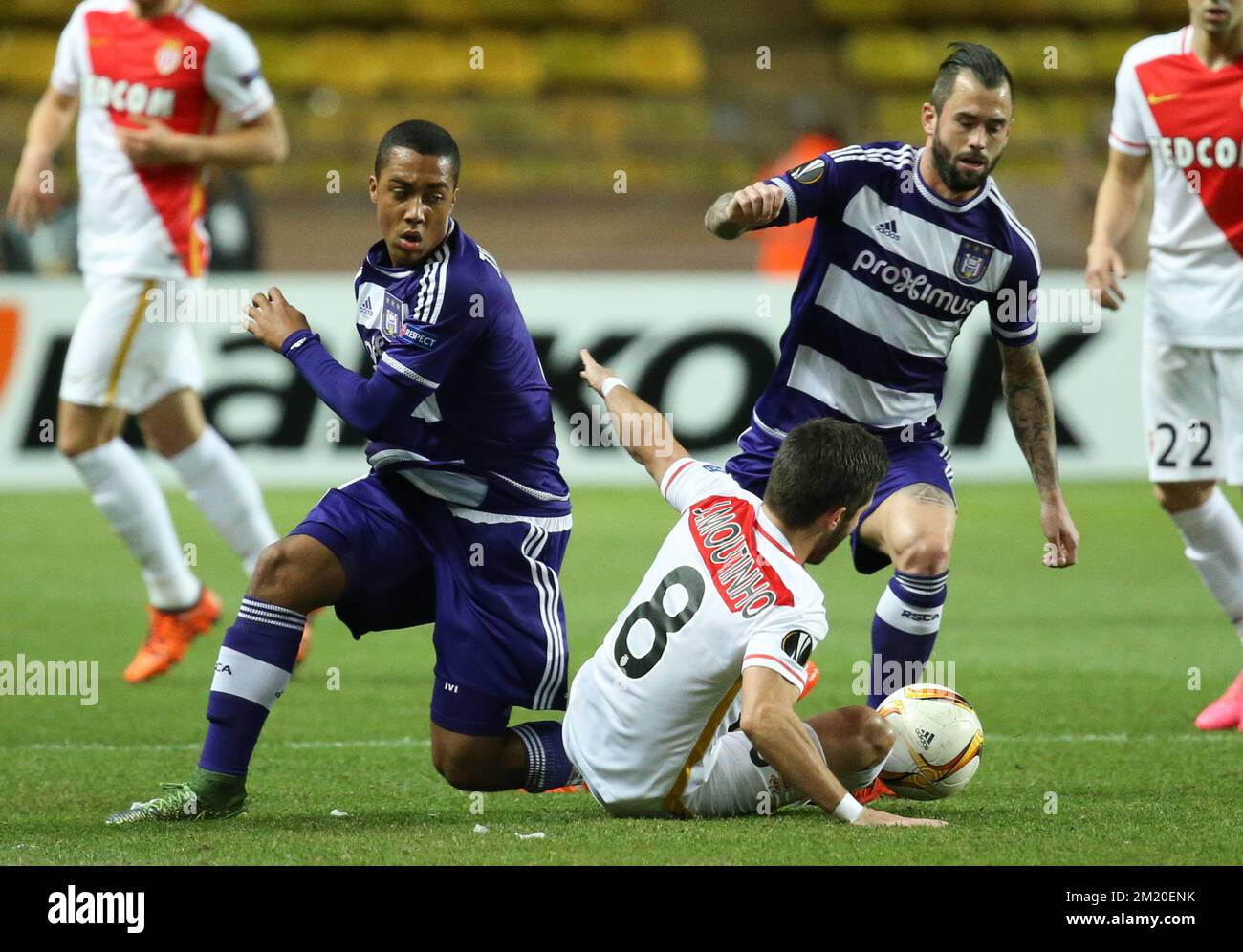 20151126 - MONACO, MONACO: Anderlecht's Youri Tielemans, Monaco's Joao  Moutinho and Anderlecht's Steven Defour fight for the ball during a game  between French club AS Monaco and Belgian first league soccer club