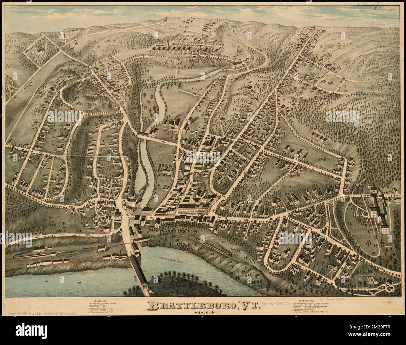 1876 Aerial Map of Brattleboro