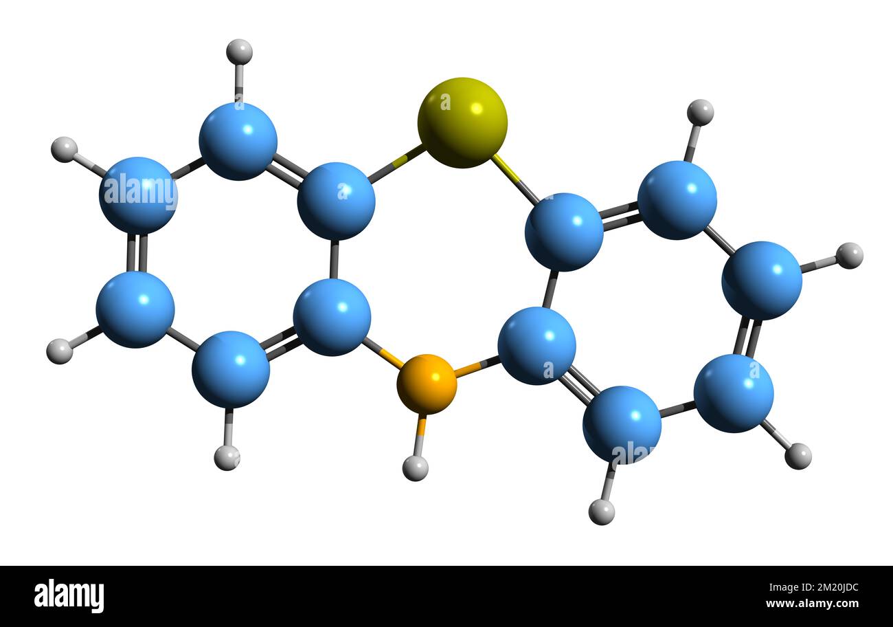 3D image of Phenothiazine skeletal formula - molecular chemical structure of Thiodiphenylamine isolated on white background Stock Photo