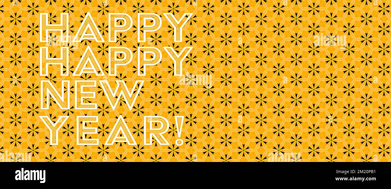 Happy New Year for sign, banner, header, leaderboard, cover. White lettering on a festive gold illustration background with copy space. Stock Photo