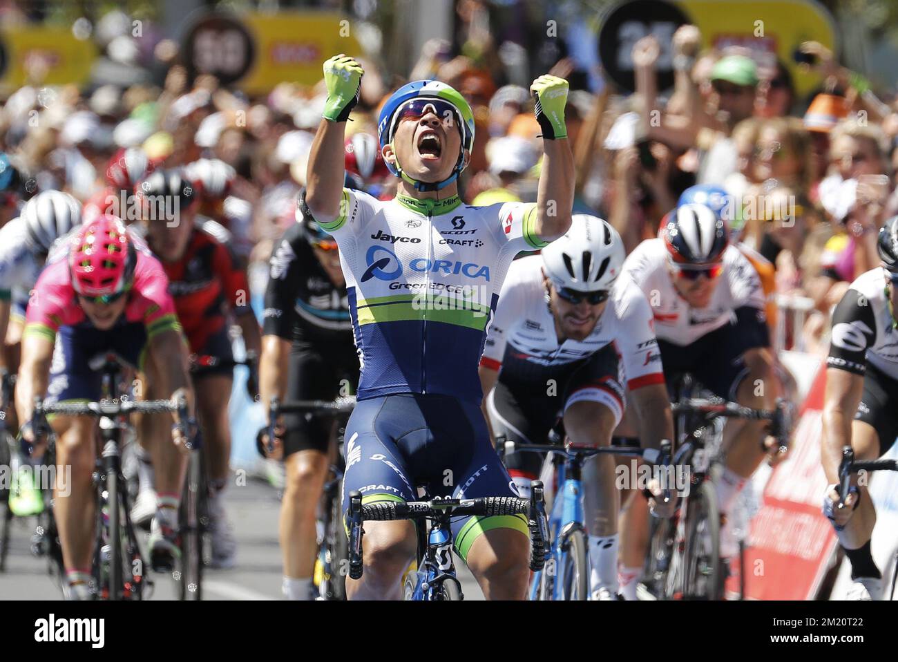 20160124 - ADELAIDE, AUSTRALIA: Australian Caleb Ewan celebrates on the finish line of the sixth and final stage of the 18th Tour Down Under cycling race, 90 km from Adelaide to Adelaide, Australia, Sunday 24 January 2016.  PHOTO YUZURU SUNADA Stock Photo