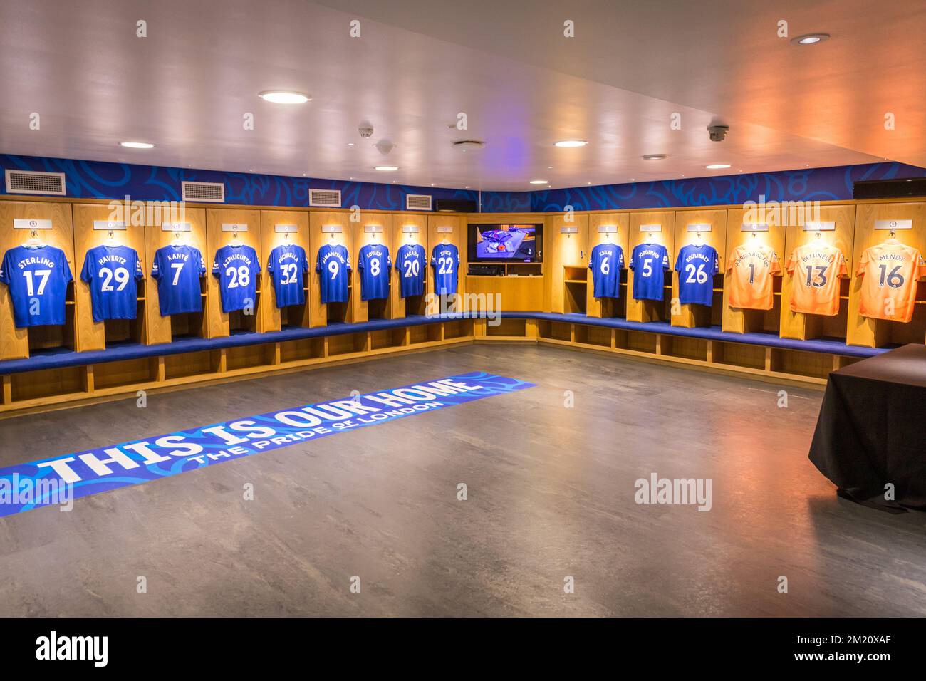 Changing room of Chelsea Football Club at Stamford Bridge Stadium Stock Photo