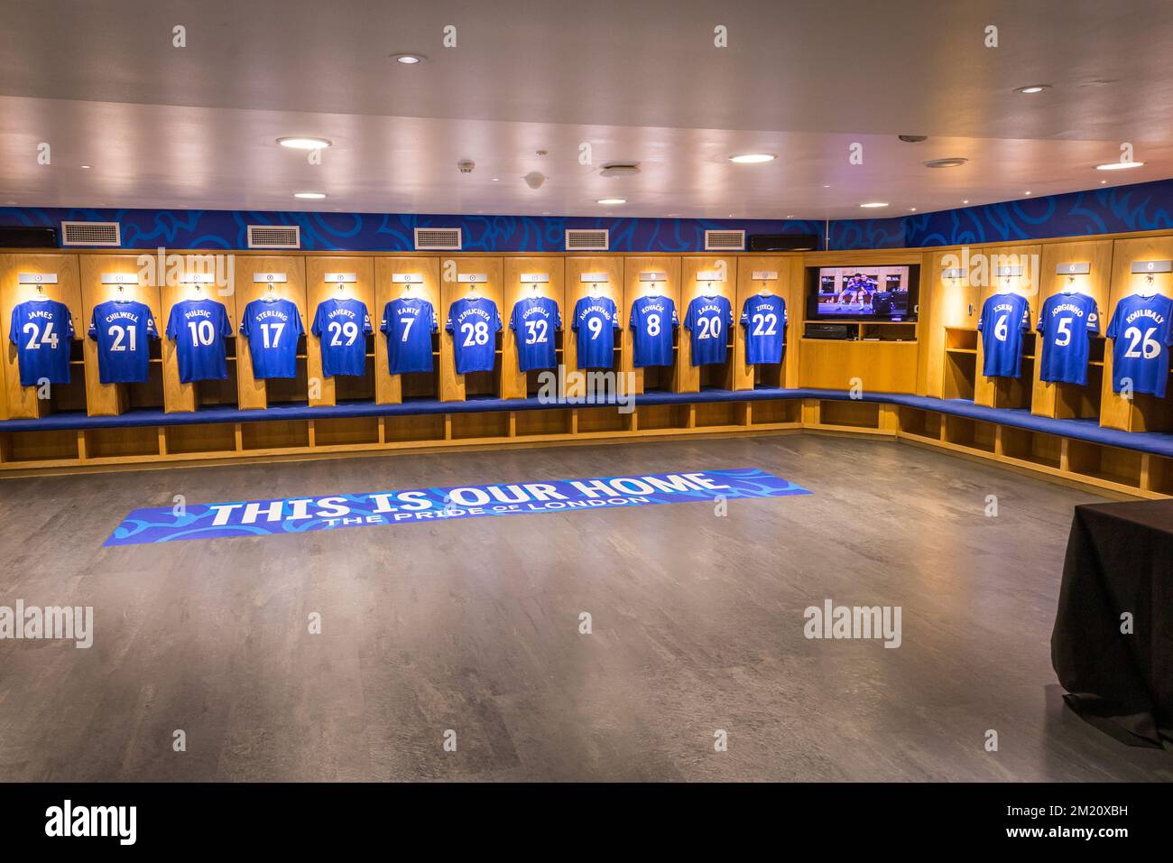 Changing room of Chelsea Football Club at Stamford Bridge Stadium Stock Photo