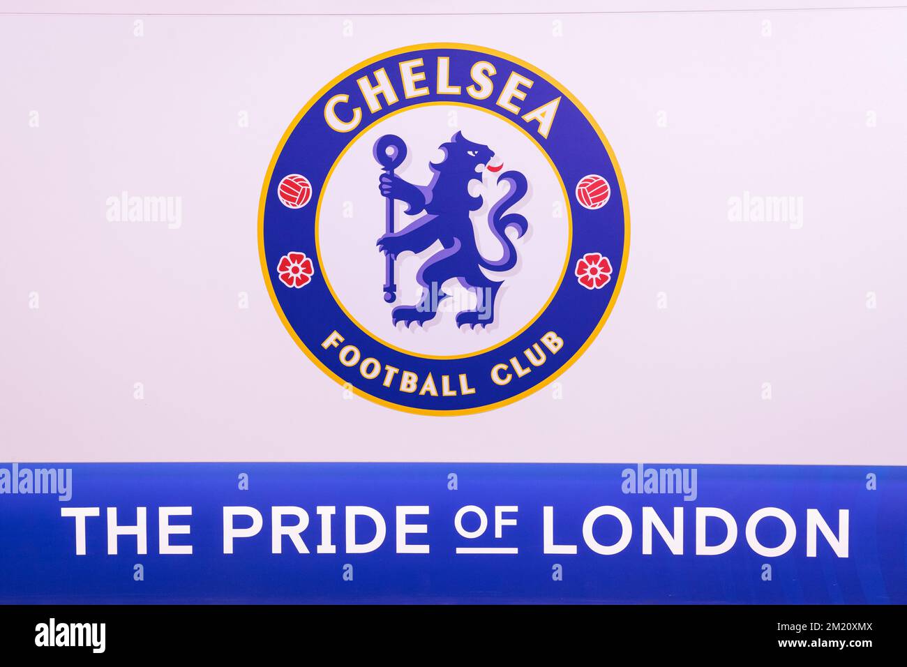 Close up of the Chelsea Football Club logo at Stamford Bridge Stadium Stock Photo