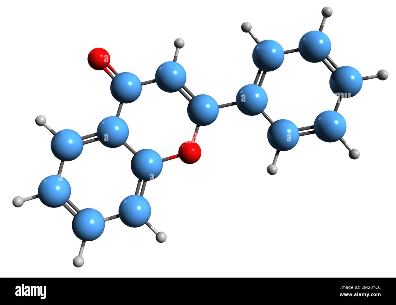 3D image of Flavone skeletal formula - molecular chemical structure of 2-phenylchromen-4-one isolated on white background Stock Photo