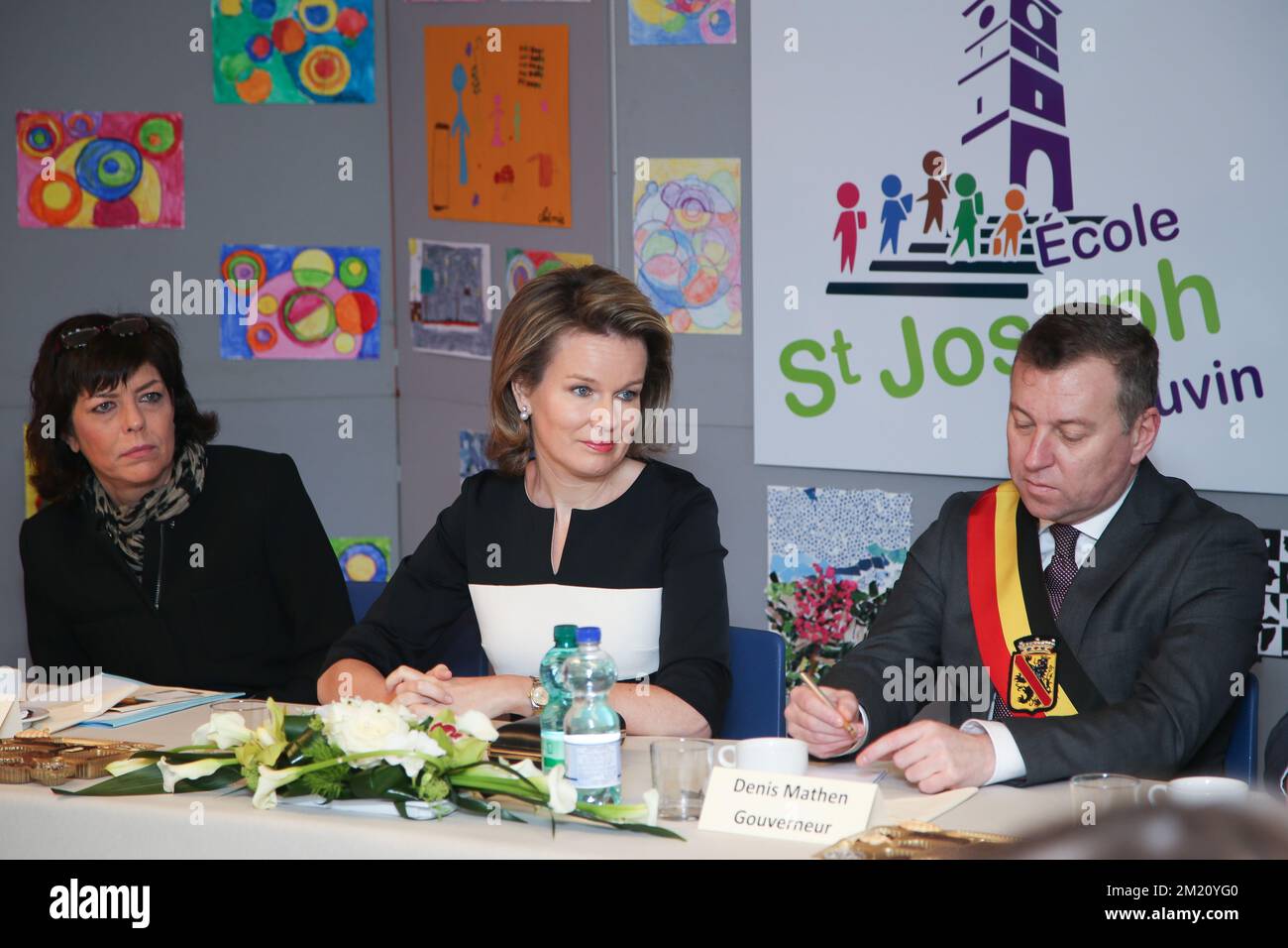Minister Joelle Milquet, Queen Mathilde of Belgium and Namur province governor Denis Mathen pictured during a royal visit to the Saint-Joseph school in Couvin, Wednesday 03 February 2016. This visit of the Queen follows a round table on harassment in June 2015. BELGA PHOTO BRUNO FAHY Stock Photo