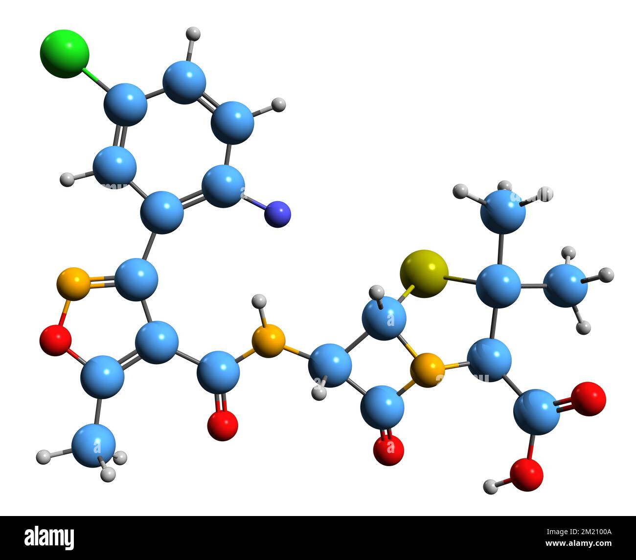 3D image of Flucloxacillin skeletal formula - molecular chemical structure of  narrow-spectrum beta-lactam antibiotic  isolated on white background Stock Photo