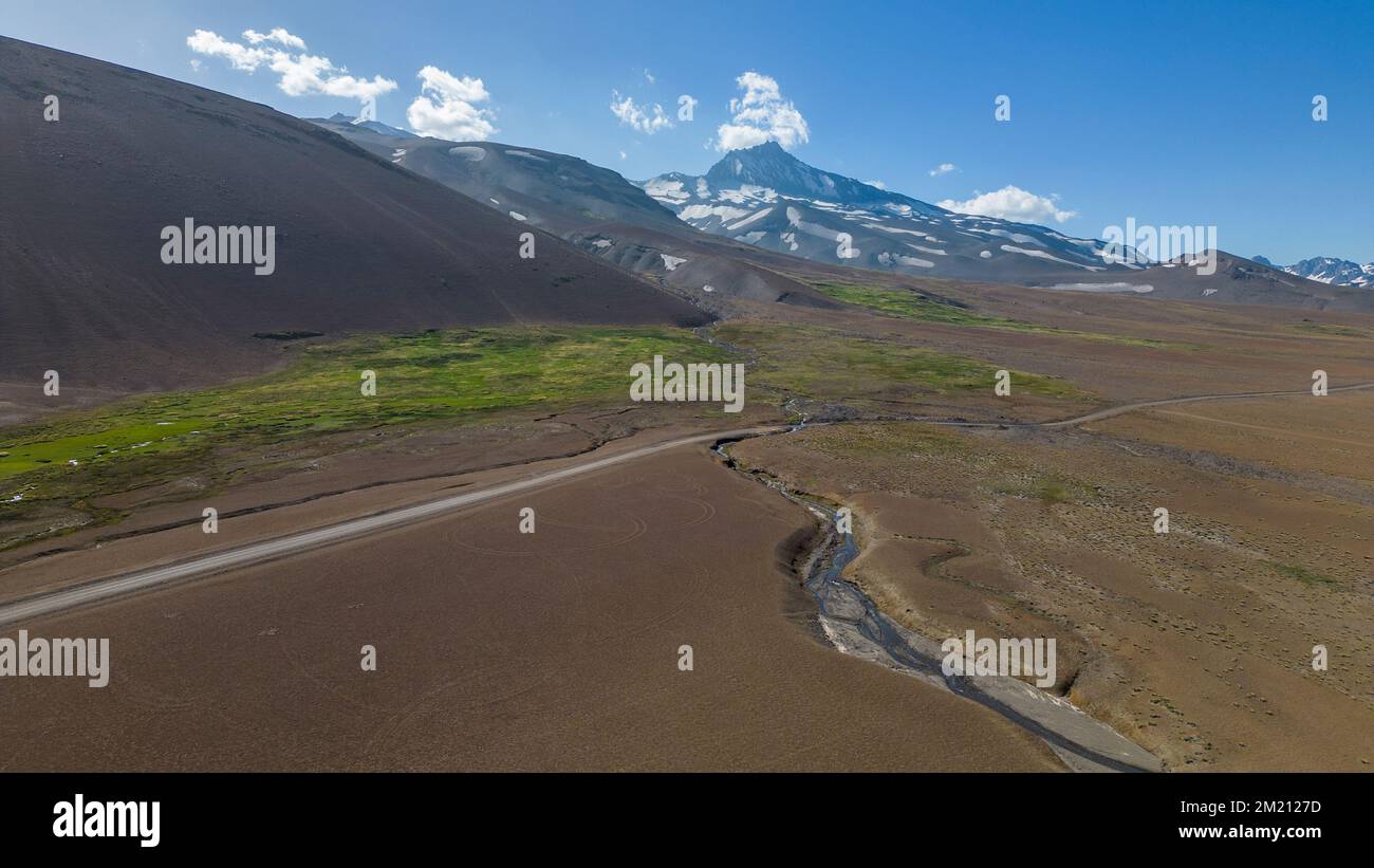 Aerial shot of the landscape at Paso Vergara - crossing the border from Chile to Argentina while traveling South America Stock Photo