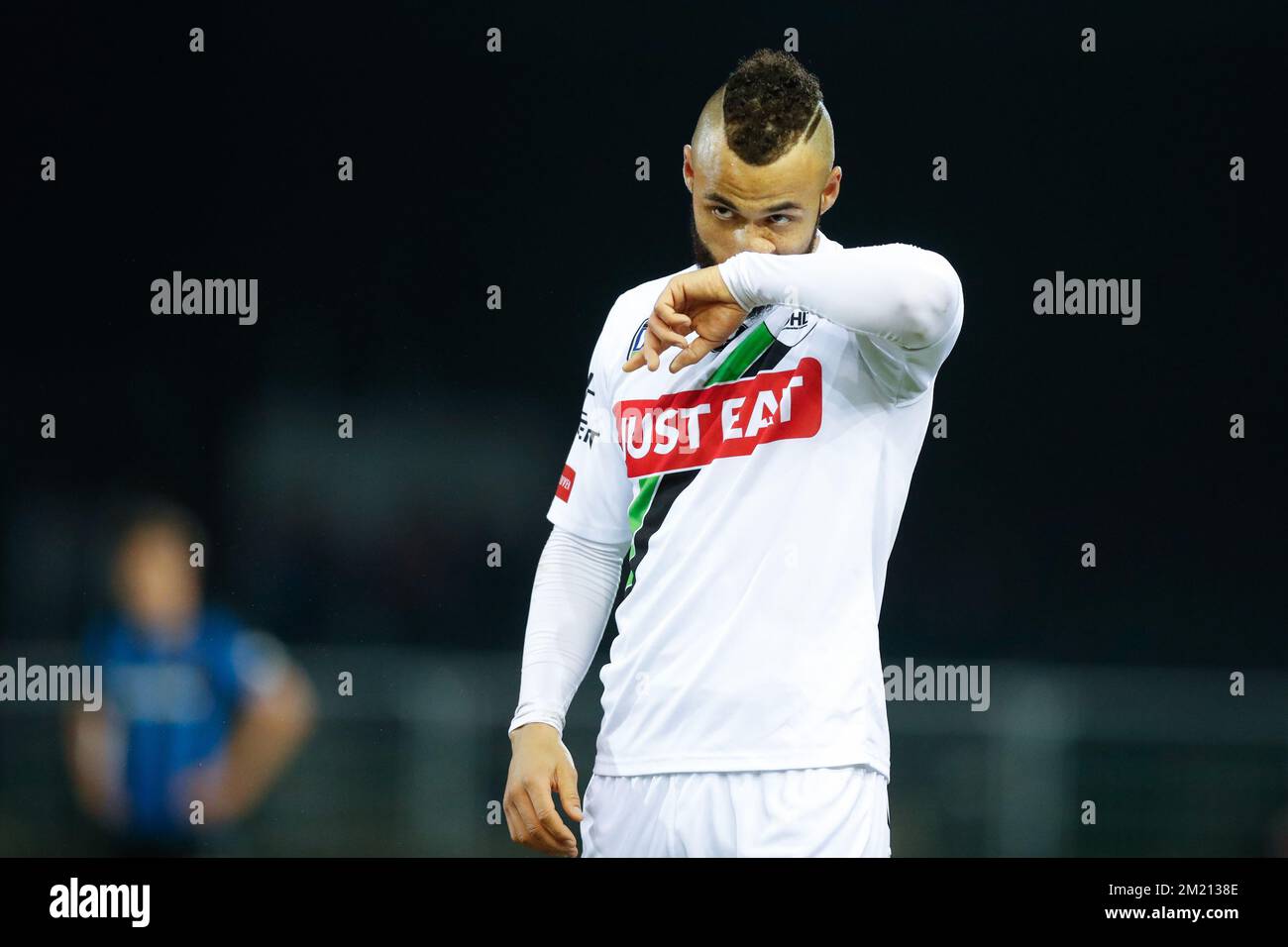 OHL's John Bostock reacts during the Jupiler Pro League match between OH Leuven and Club Brugge, in Heverlee, Sunday 13 March 2016, on day 30 of the Belgian soccer championship. BELGA PHOTO YORICK JANSENS Stock Photo