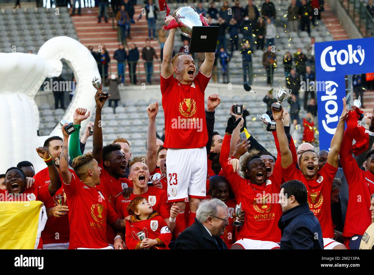 Standard's Adrien Trebel celebrates after winning the Croky Cup final between Belgian soccer teams Club Brugge and Standard de Liege, on Sunday 20 March 2016, in Brussels. Stock Photo