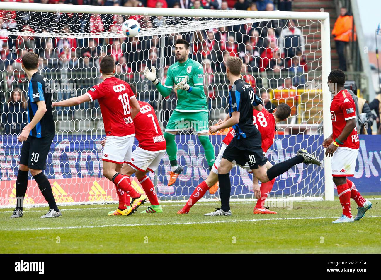 Standard's goalkeeper Victor Valdes Arriba fights for the ball during the Croky Cup final between Belgian soccer teams Club Brugge and Standard de Liege, on Sunday 20 March 2016, in Brussels.  Stock Photo