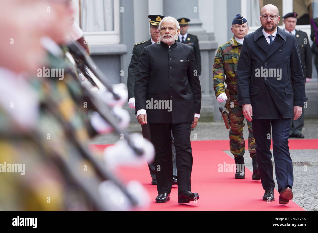 India Prime Minister Narendra Modi and Belgian Prime Minister Charles Michel pictured during a meeting between Belgium's Prime Minister Michel and Indian Prime Minister Modi, Wednesday 30 March 2016, in Brussels. BELGA PHOTO LAURIE DIEFFEMBACQ Stock Photo