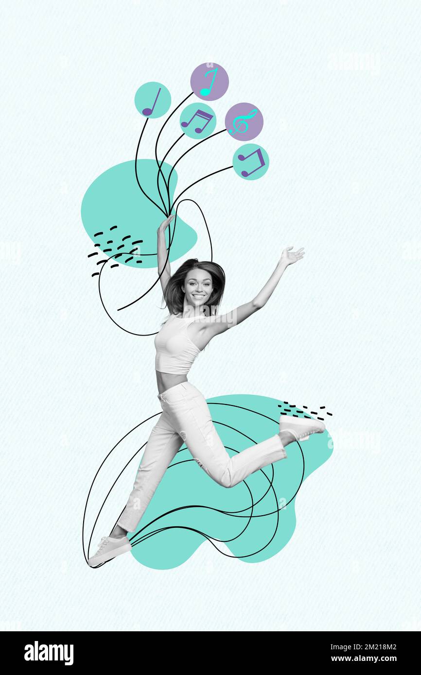 Vertical collage image of excited positive black white effect girl jump ...