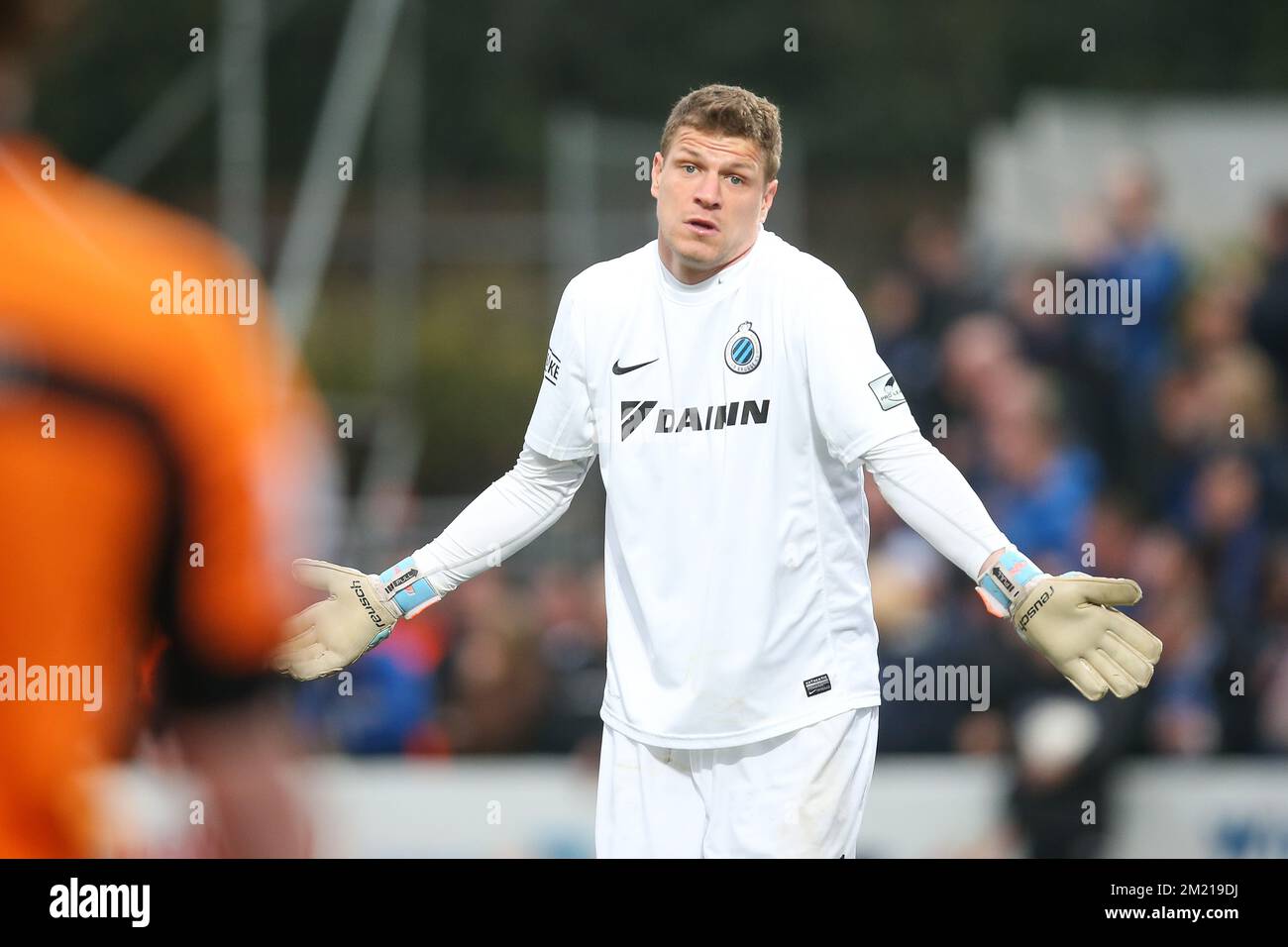 Club's goalkeeper Ludovic Butelle pictured during the Jupiler Pro League match between KV Oostende and Club Brugge, in Roeselare, Saturday 02 April 2016, on day 1 of the Play-off 1 of the Belgian soccer championship.  Stock Photo