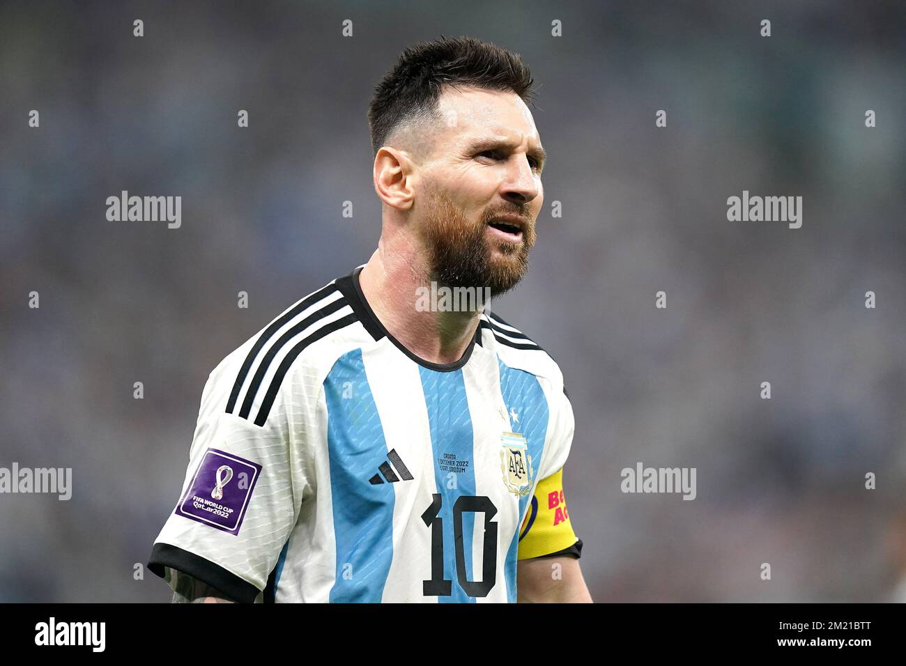 Argentina's Lionel Messi looks on during the FIFA World Cup Semi-Final match at the Lusail Stadium in Lusail, Qatar. Picture date: Tuesday December 13, 2022. Stock Photo