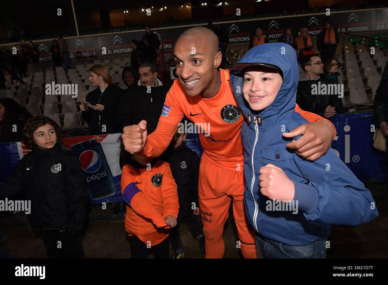 White Star's Frederic Duplus celebrates after winning the last match against Patro Eisden Maasmechelen and the Proximus League, Belgian second division soccer championship, Saturday 30 April 2016, in Brussels. BELGA PHOTO DAVID STOCKMAN Stock Photo