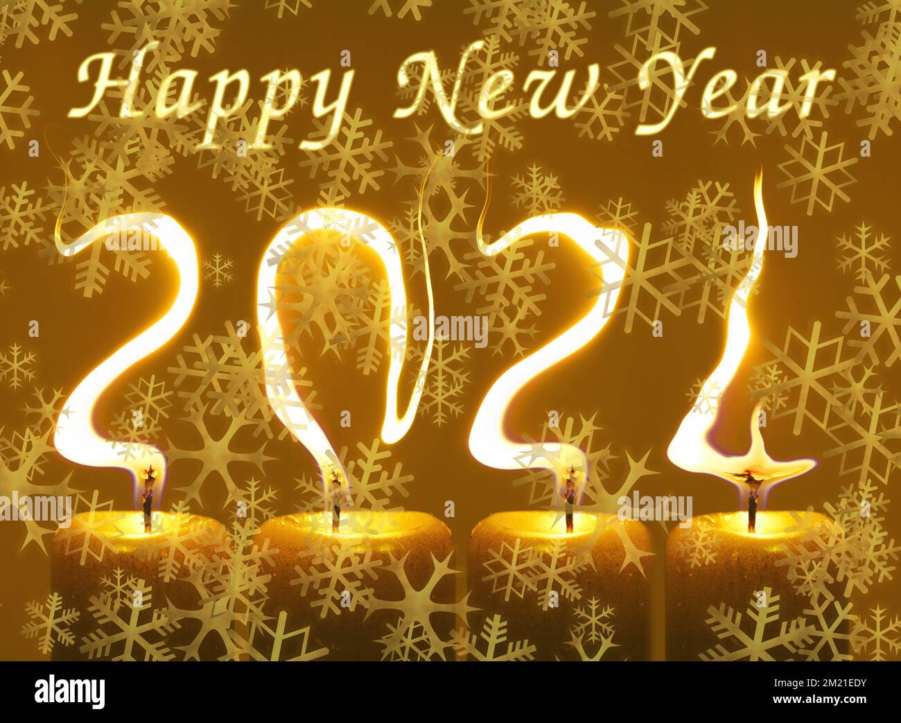 Modified photo of four candles. Flames write numbers 2024, title Happy new yea rwith snow Stock Photo