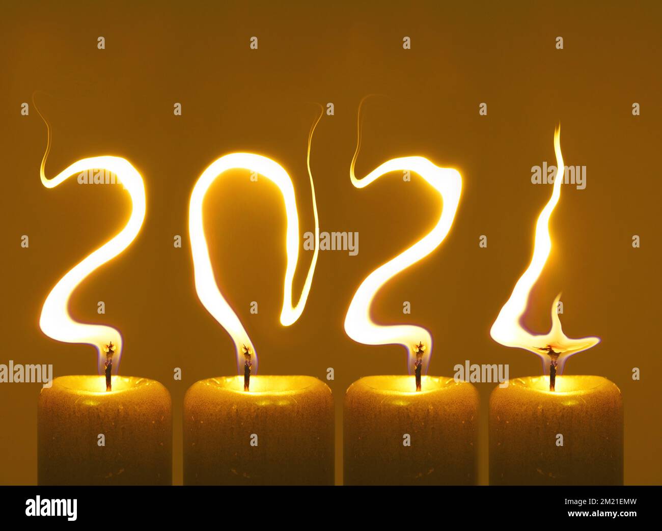 Modified photo of four candles. Flames write numbers 2025. Happy new