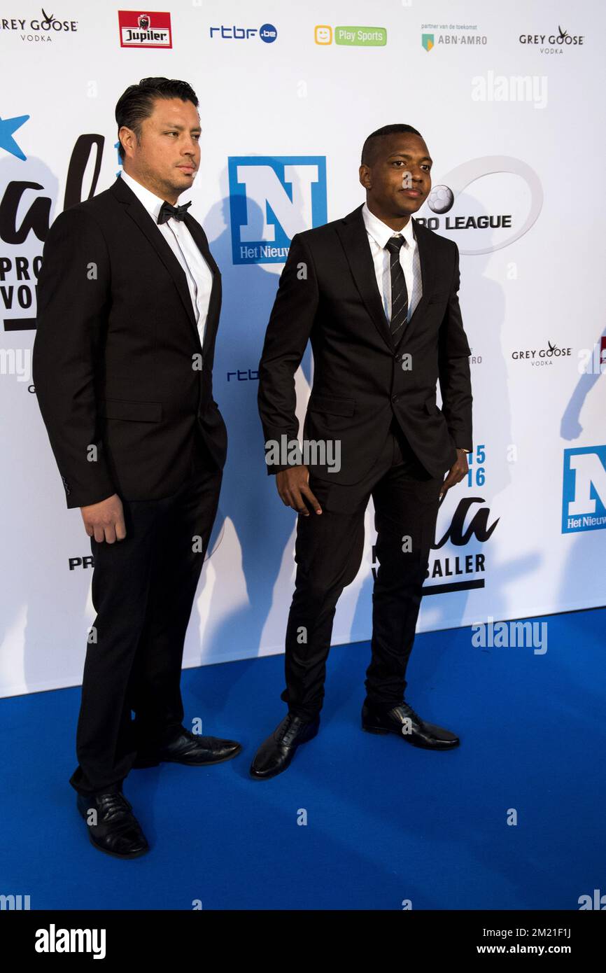 Club's Leonardo Leo Pereira and Club's Jose Izquierdo pictured during the first edition of the Professional Soccer Player of the Year 2016 gala evening, Monday 23 May 2016, in Gent.  Stock Photo