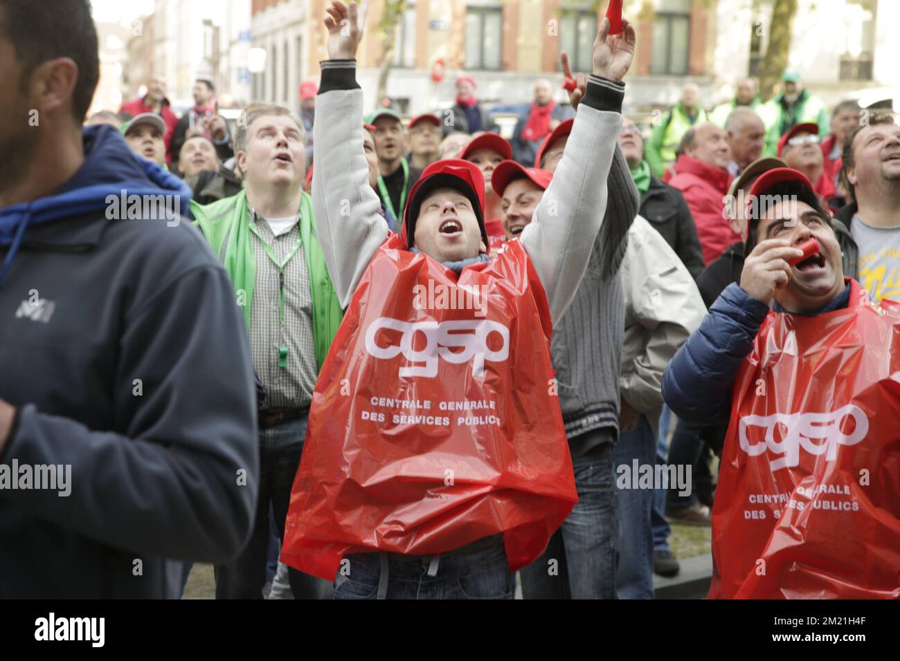 Demonstrators pictured during a protest of prison guards, on Tuesday 17 May 2016, in Brussels. Prison employees of Walloon and Brussels prisons are on a strike for more than 3 weeks and claim extra pay, extra staff and better working conditions.  Stock Photo