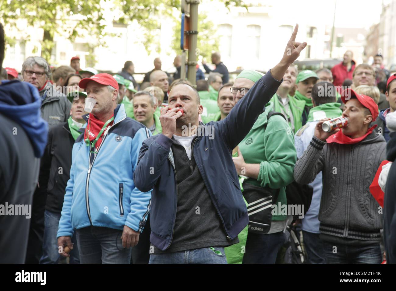 Demonstrators pictured during a protest of prison guards, on Tuesday 17 May 2016, in Brussels. Prison employees of Walloon and Brussels prisons are on a strike for more than 3 weeks and claim extra pay, extra staff and better working conditions.  Stock Photo
