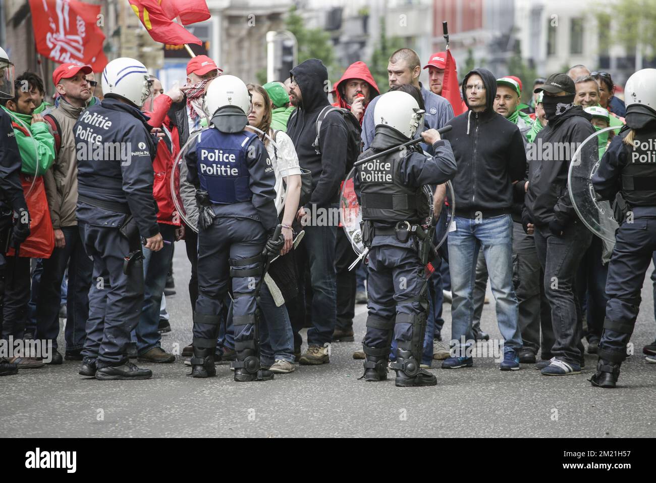 Riot police pictured during a protest of prison guards, on Tuesday 17 May 2016, in Brussels. Prison employees of Walloon and Brussels prisons are on a strike for more than 3 weeks and claim extra pay, extra staff and better working conditions.  Stock Photo