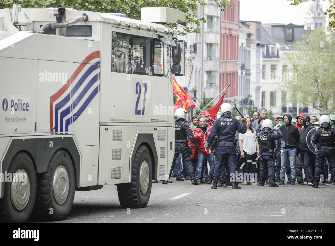 Riot police pictured during a protest of prison guards, on Tuesday 17 May 2016, in Brussels. Prison employees of Walloon and Brussels prisons are on a strike for more than 3 weeks and claim extra pay, extra staff and better working conditions.  Stock Photo