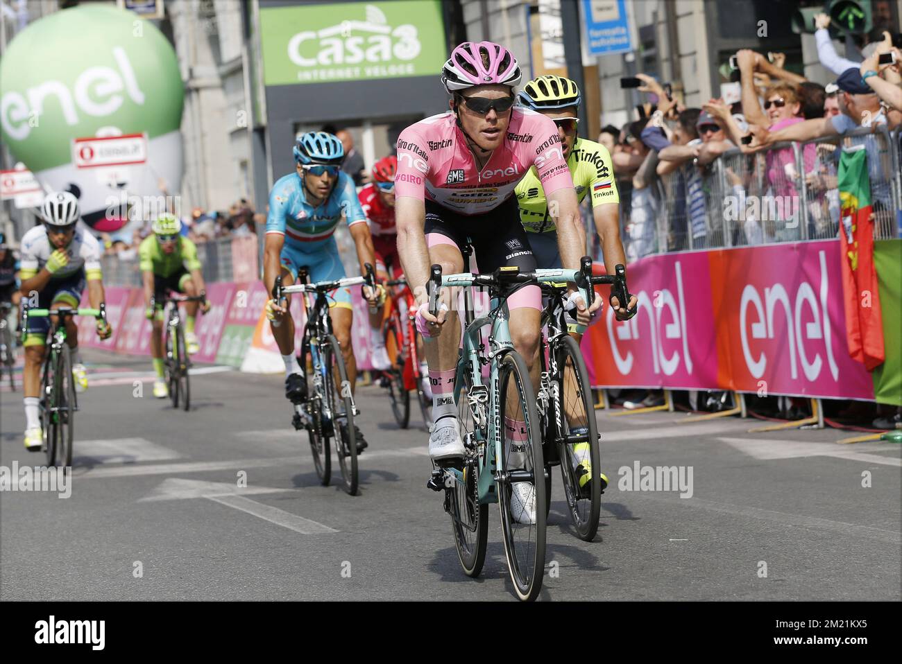 Dutch Steven Kruijswijk of Team LottoNL-Jumbo finishes in the pink jersey of leader in the overall ranking during the eighteenth stage in the 99th edition of the Giro d'Italia cycling race, 240km from Muggio to Pinerolo, on Thursday 26 May 2016, in Italy.  Stock Photo