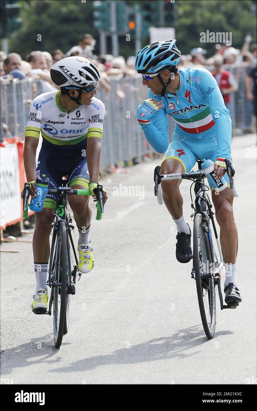 Colombian Esteban Chaves of Orica GreenEDGE and Italian Vincenzo Nibali of Astana Pro Team pictured during the eighteenth stage in the 99th edition of the Giro d'Italia cycling race, 240km from Muggio to Pinerolo, on Thursday 26 May 2016, in Italy.  Stock Photo