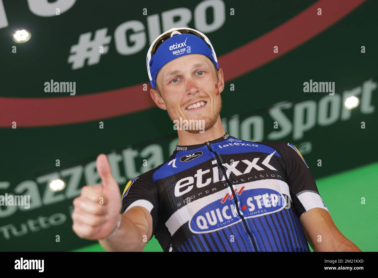 Italian Matteo Trentin of team Etixx - Quick-Step celebrates after winning the eighteenth stage in the 99th edition of the Giro d'Italia cycling race, 240km from Muggio to Pinerolo, on Thursday 26 May 2016, in Italy.  Stock Photo