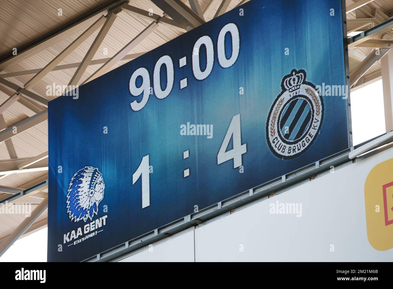 Illustration picture shows the scoreboard after the Jupiler Pro League match between KAA Gent and Club Brugge, in Gent, Sunday 08 May 2016, on day 7 of the Play-off 1 of the Belgian soccer championship.  Stock Photo