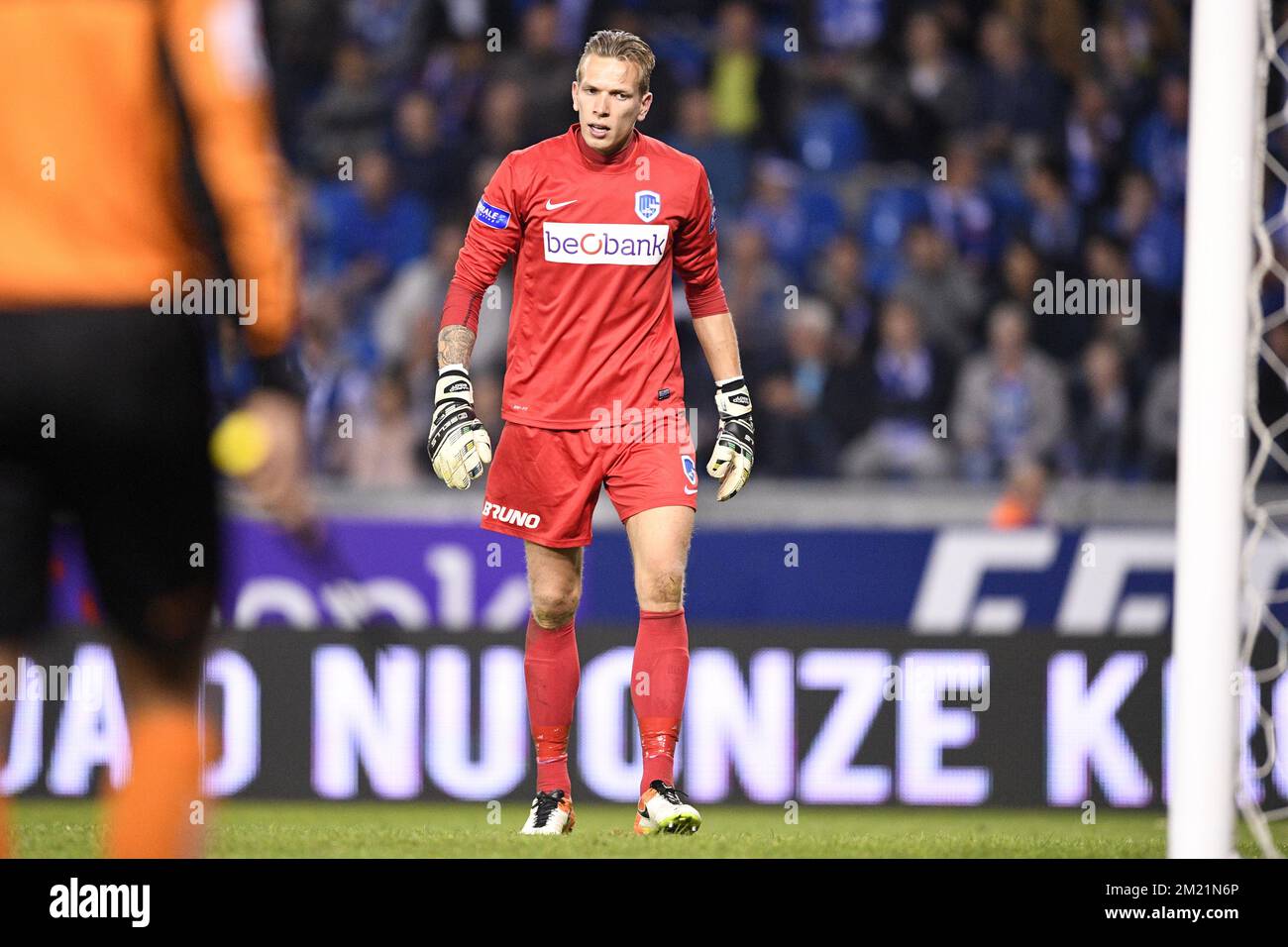Genk's goalkeeper Marco Bizot pictured during the Jupiler Pro League match between KRC Genk and RSC Anderlecht, in Genk, Thursday 19 May 2016, on day 9 of the Play-off 1 of the Belgian soccer championship.  Stock Photo