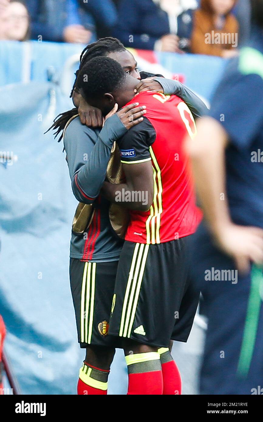 Belgium's Romelu Lukaku celebrates with his brother Jordan after scoring  during a soccer game between Belgian national soccer team Red Devils and  Ireland, in group E of the group stage of the