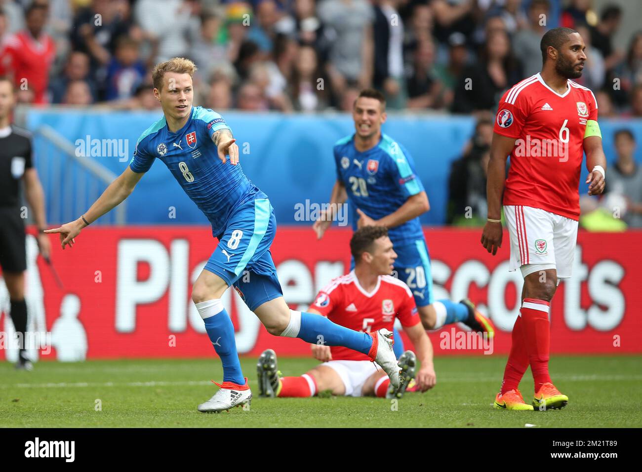 Slovakian Ondrej Duda celebrates after scoring during a soccer game between Wales and Slovakia, in group B of the group stage of the UEFA Euro 2016 European Championships, Saturday 11 June 2016 in Bordeaux, France. BELGA PHOTO BRUNO FAHY Stock Photo