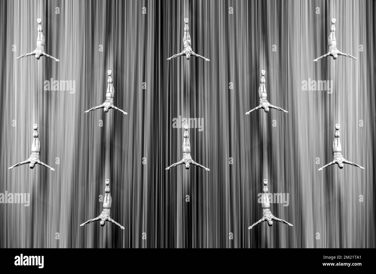 Dubai, UAE - July 19, 2018: The waterfall with sculptures of human divers inside Dubai Mall Stock Photo