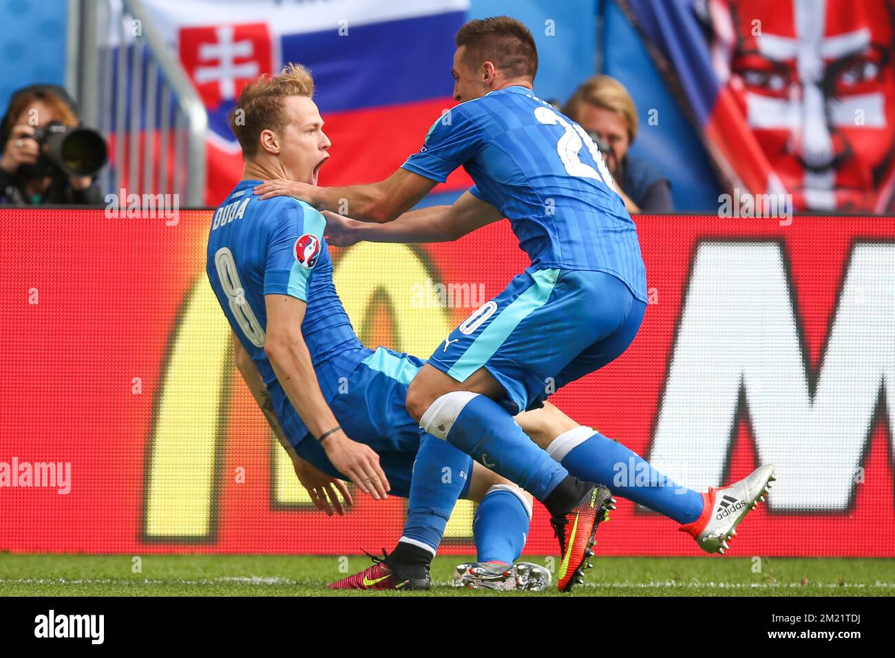 Slovakian Ondrej Duda celebrates after scoring during a soccer game between Wales and Slovakia, in group B of the group stage of the UEFA Euro 2016 European Championships, Saturday 11 June 2016 in Bordeaux, France. BELGA PHOTO BRUNO FAHY Stock Photo