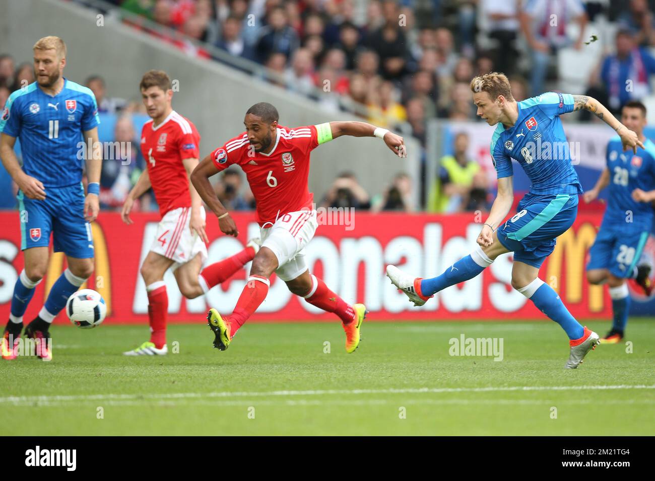 Slovakian Ondrej Duda scores a goal during a soccer game between Wales and Slovakia, in group B of the group stage of the UEFA Euro 2016 European Championships, Saturday 11 June 2016 in Bordeaux, France. BELGA PHOTO BRUNO FAHY Stock Photo