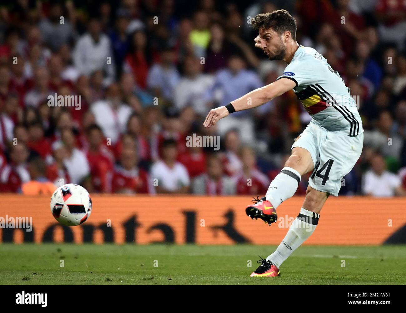 Belgium's Dries Mertens kicks the ball during a soccer game between Belgian national soccer team Red Devils and Hungary, in the round of 16 of the UEFA Euro 2016 European Championships, on Sunday 26 June 2016, in Toulouse, France. The Euro2016 tournament is taking place from 10 June to 10 July. BELGA PHOTO DIRK WAEM Stock Photo
