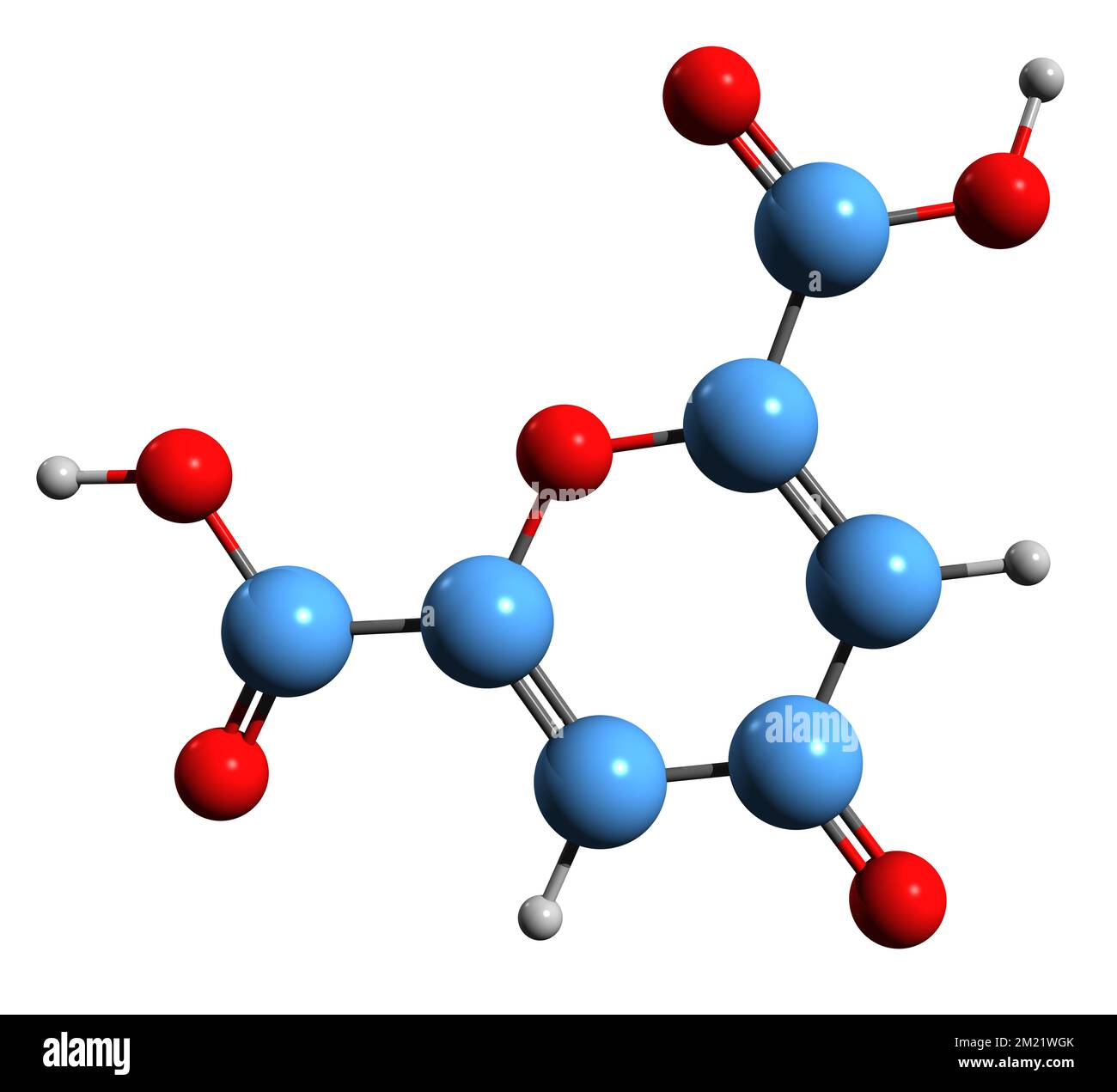 3D image of Chelidonic acid skeletal formula - molecular chemical structure of  heterocyclic organic acid isolated on white background Stock Photo