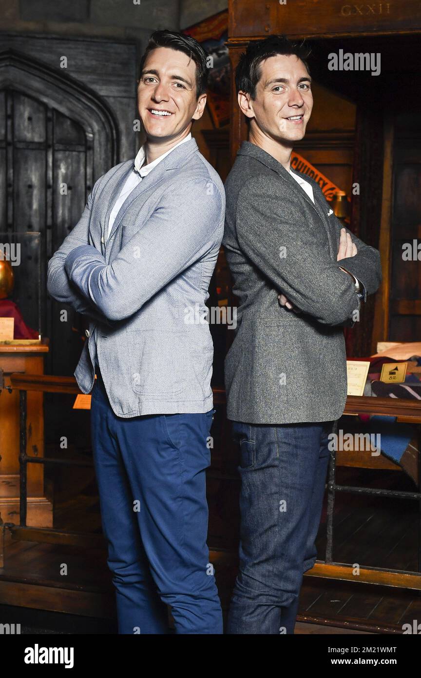 British Actor Oliver Phelps and British Actor James Phelps pose for the photographer ahead of the press day of Harry Potter - The Exhibition, on Wednesday 29 June 2016, at Brussels Expo.  Stock Photo