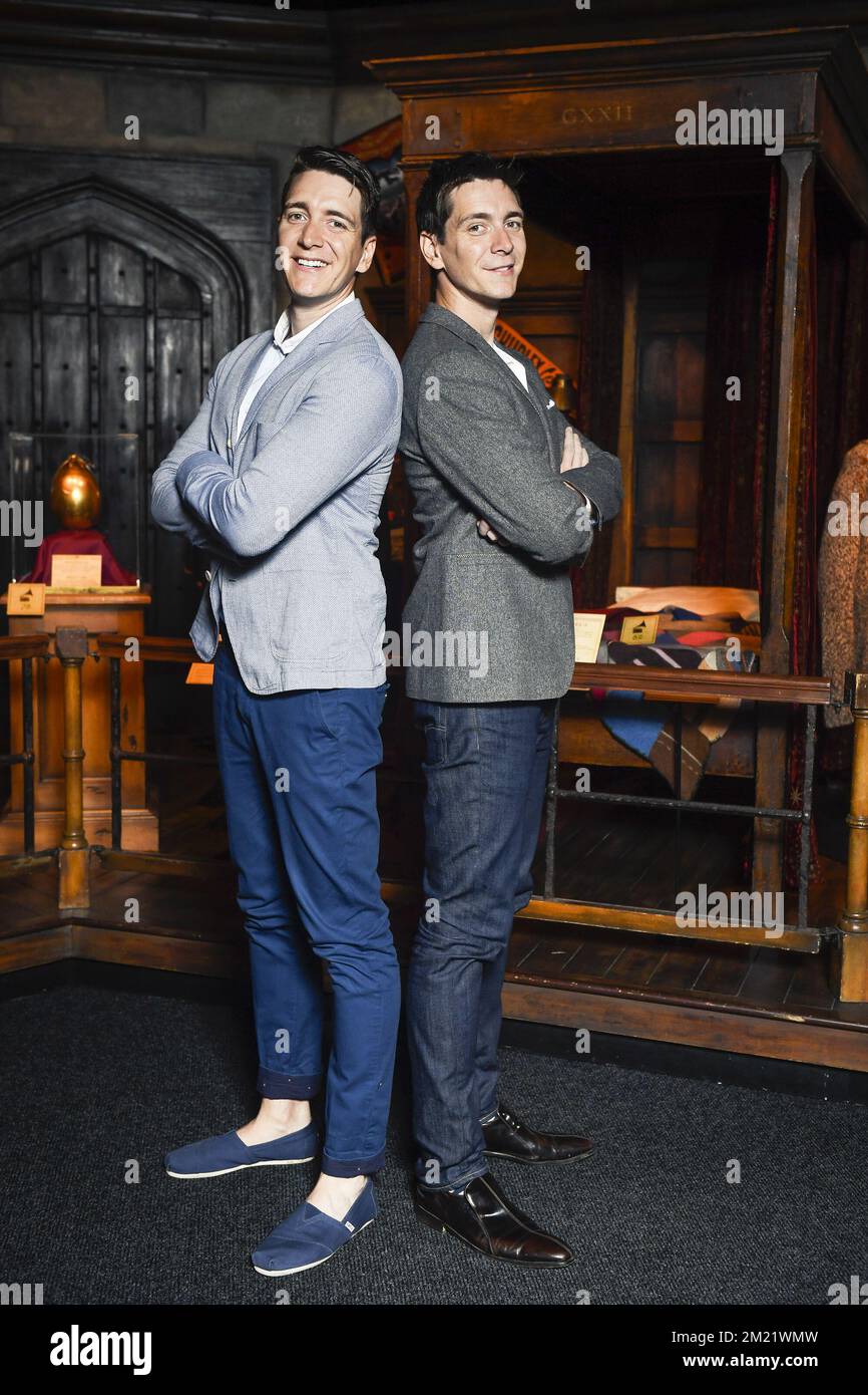 British Actor Oliver Phelps and British Actor James Phelps pose for the photographer ahead of the press day of Harry Potter - The Exhibition, on Wednesday 29 June 2016, at Brussels Expo.  Stock Photo