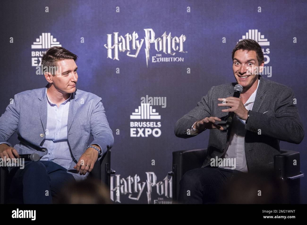 British Actor Oliver Phelps and British Actor James Phelps pictured during the press day of Harry Potter - The Exhibition, on Wednesday 29 June 2016, at Brussels Expo.  Stock Photo