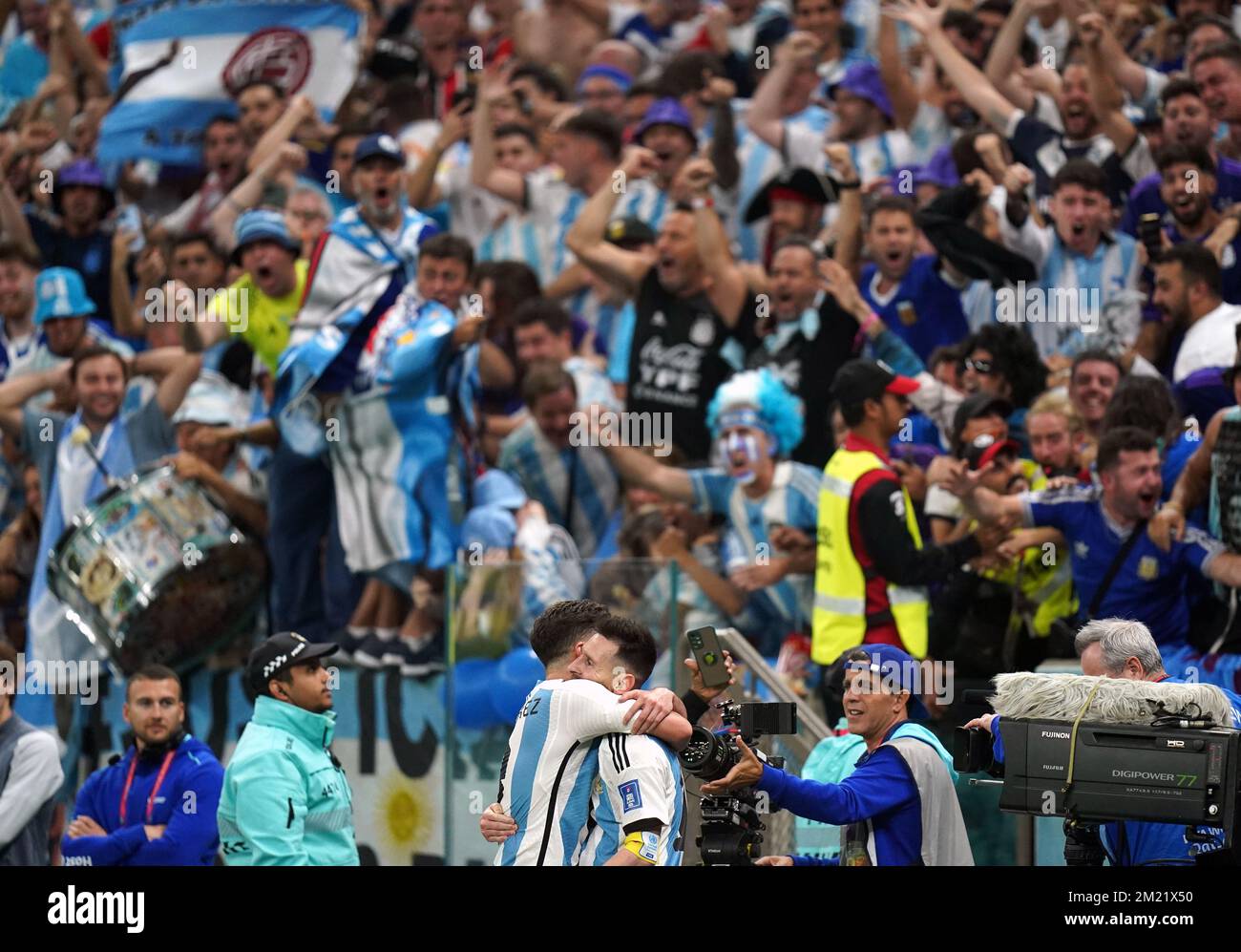 Argentina's Julian Alvarez celebrates scoring their side's third goal of the game with team-mate Lionel Messi during the FIFA World Cup Semi-Final match at the Lusail Stadium in Lusail, Qatar. Picture date: Tuesday December 13, 2022. Stock Photo