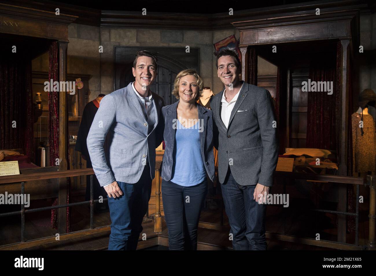 British Actor Oliver Phelps and British Actor James Phelps pictured with VRT journalist in marge of the press day of Harry Potter - The Exhibition, on Wednesday 29 June 2016, at Brussels Expo. Stock Photo