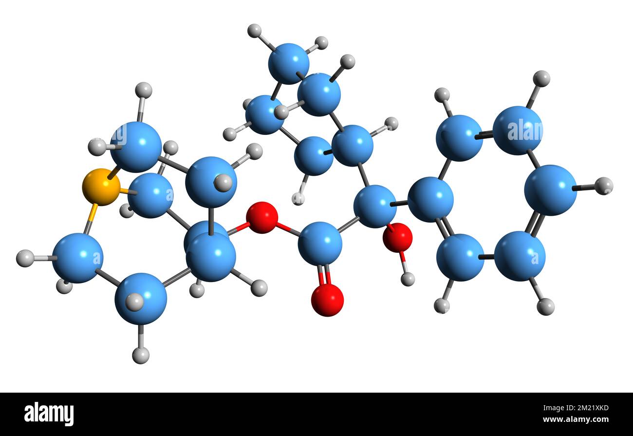3D image of 3-Quinuclidinyl phenylcyclopentylglycolate skeletal formula - molecular chemical structure of anticholinergic deliriant EA-3167 isolated Stock Photo