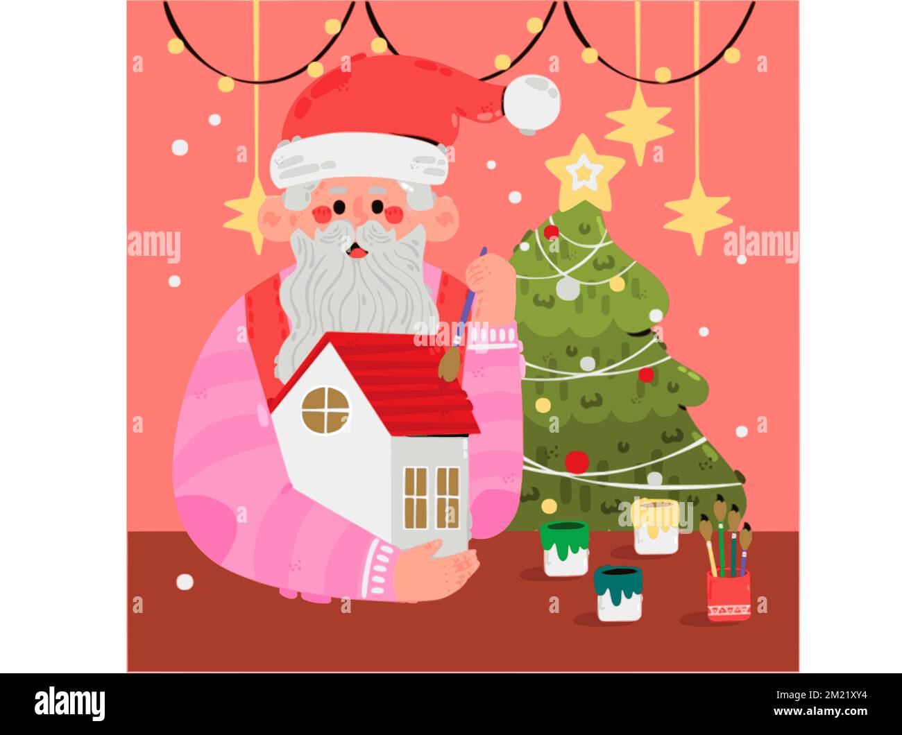 Funny Santa Claus Merry Christmas Happy New Year Celebration Snowman Cute Cat psycho Santa Gift Postcard Website illustration Stock Photo