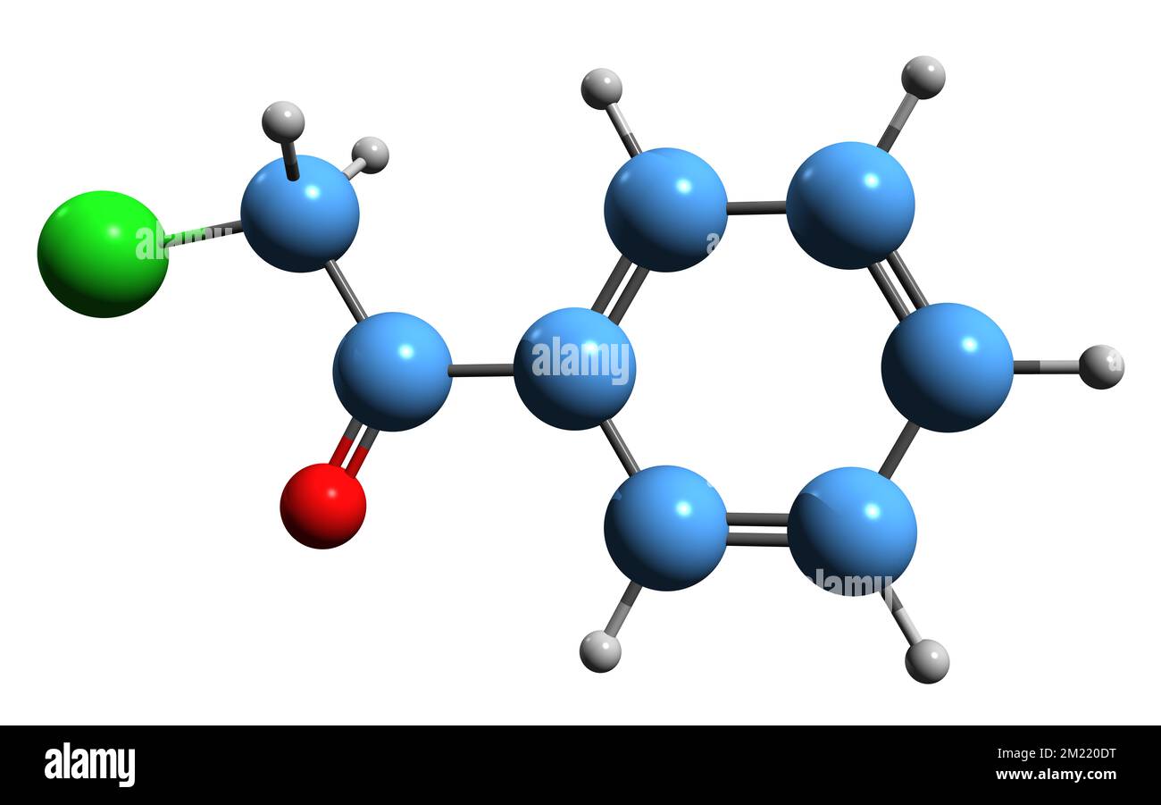 3D image of Phenacyl chloride skeletal formula - molecular chemical structure of 2-Chloro-1-phenylethan-1-one isolated on white background Stock Photo