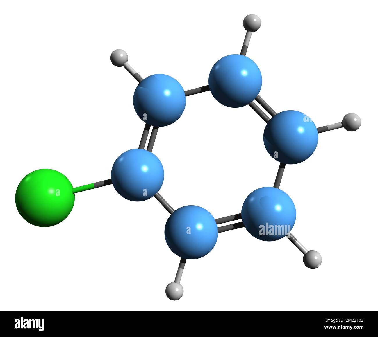 3D image of Chlorobenzene skeletal formula - molecular chemical structure of monochlorobenzene isolated on white background Stock Photo