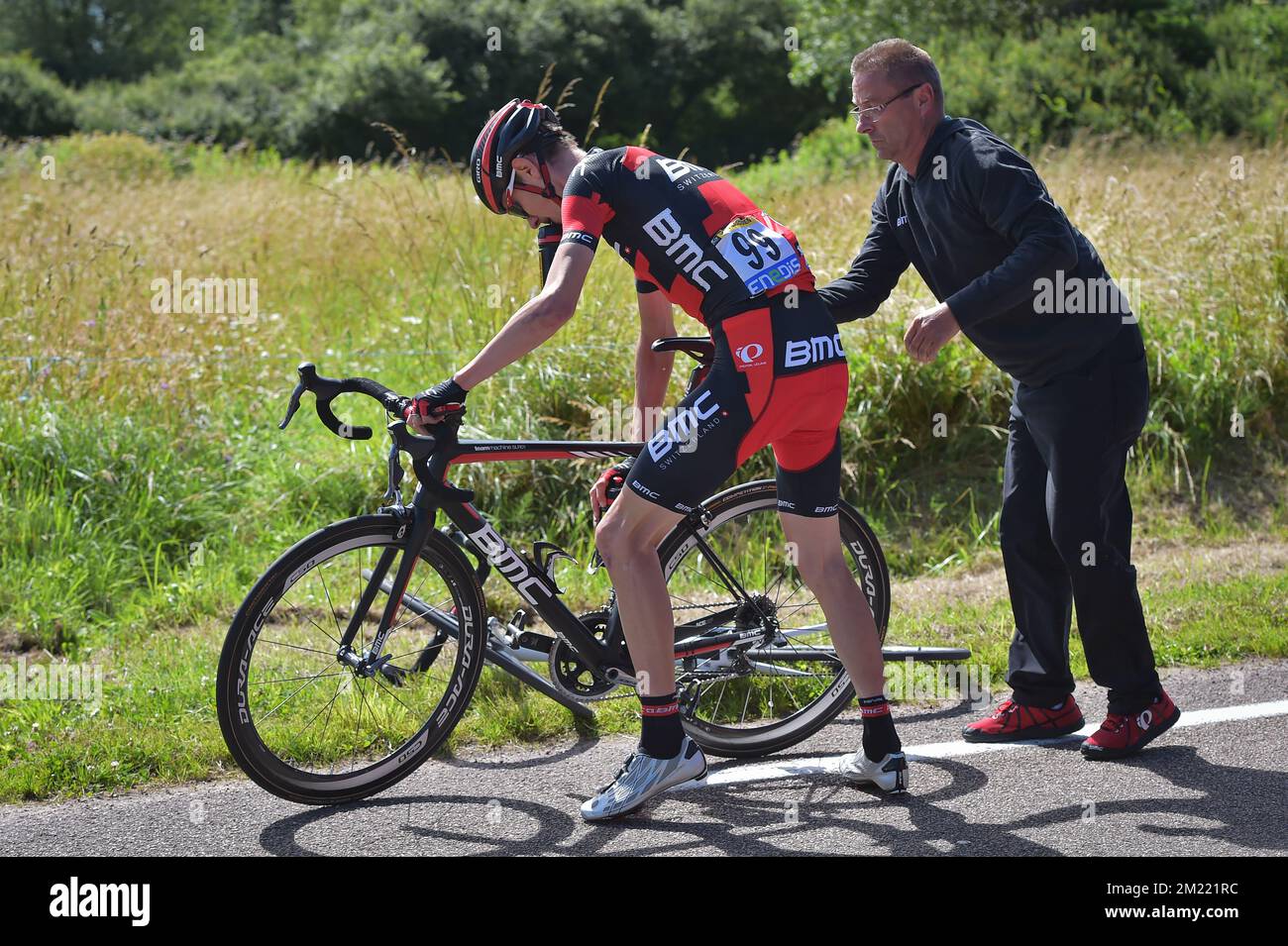 American Tejay van Garderen of BMC Racing Team changes bikes
