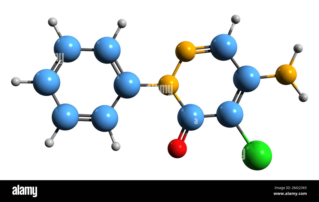 3D image of Chloridazon skeletal formula - molecular chemical structure of environmental contaminant isolated on white background Stock Photo